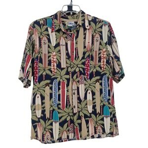 Reyn Spooner Hawaiian Button Up Shirt M Navy Multi Surfboard Rayon Aloha Beach